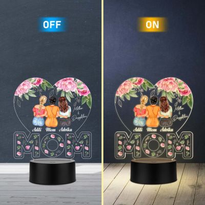 Personalized Mom with Two Daughters Acrylic LED Lamp with UV Print – Warm White Night Light Mother’s Day Gift